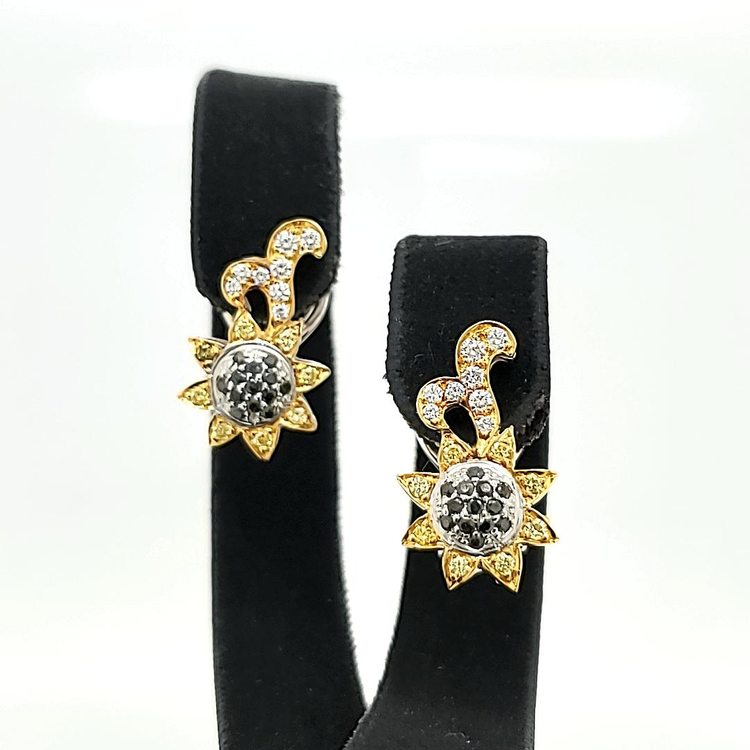 Black, Yellow And White Diamond Ctw 0.84 Floral Earrings For Sale 3