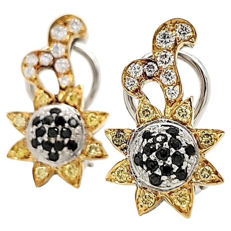 Black, Yellow And White Diamond Ctw 0.84 Floral Earrings For Sale