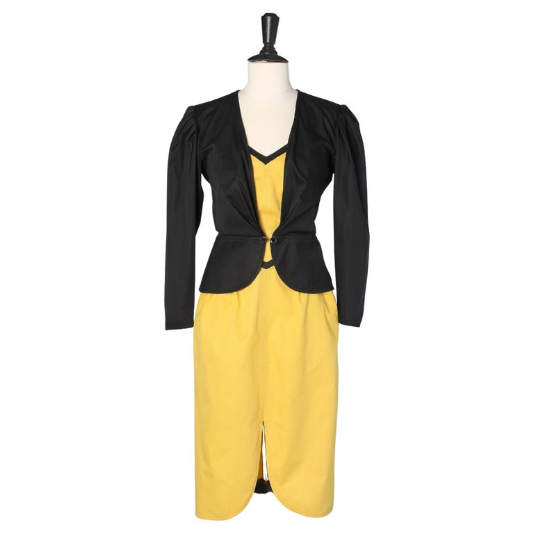 Black and yellow bustier cocktail dress and black jacket Emanuel