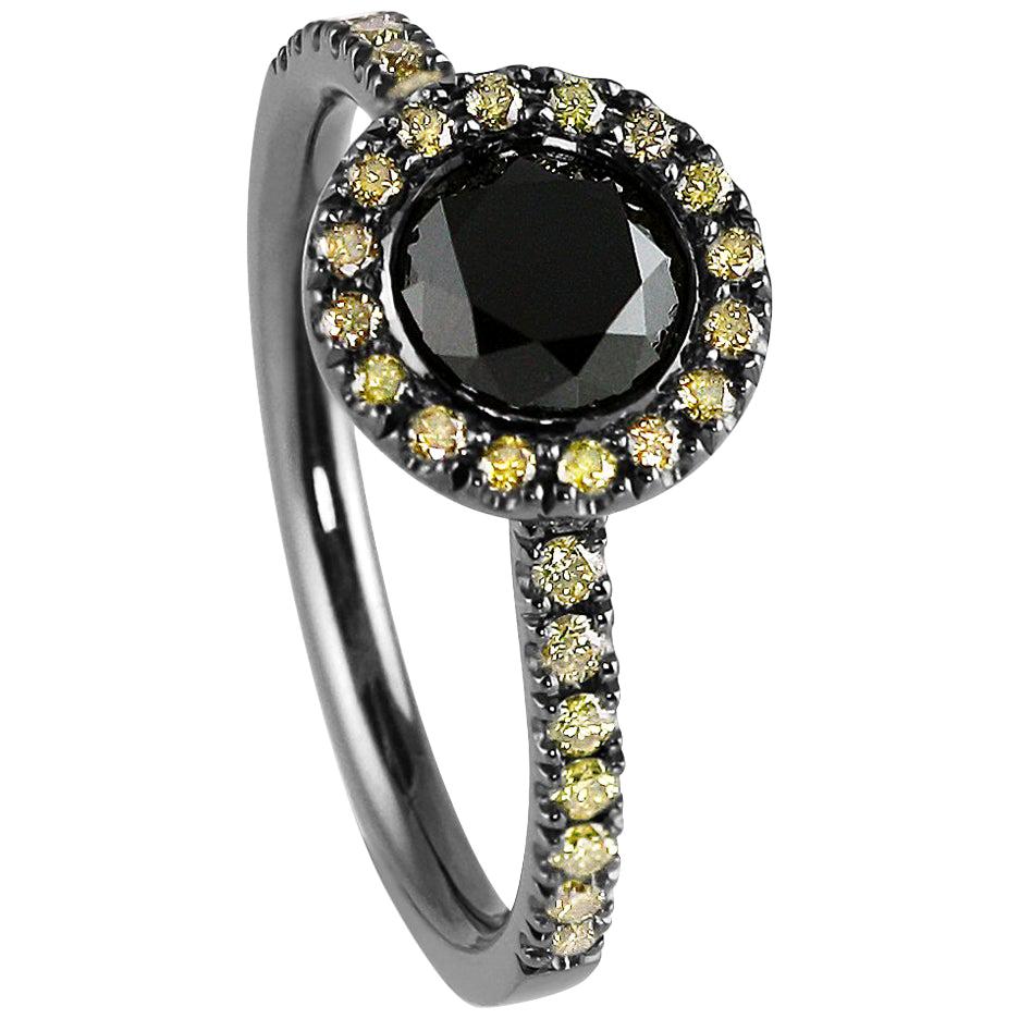 Black and Yellow Diamond Halo Cluster Ring 18 Karat Gold with Black Rhodium For Sale