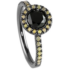 Black and Yellow Diamond Halo Cluster Ring 18 Karat Gold with Black Rhodium