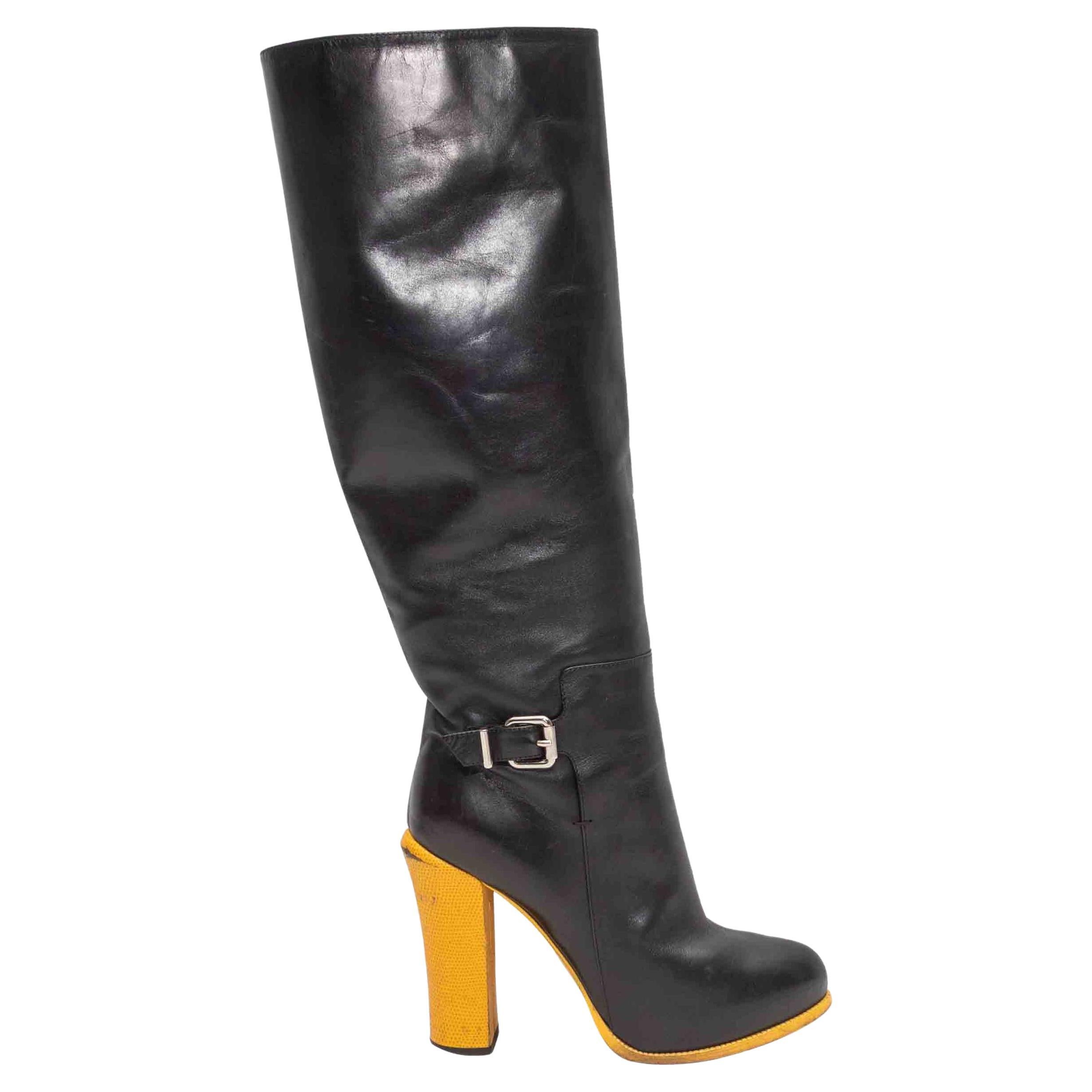 Pre-owned Fendi Black & Yellow Leather & Lizard Heeled Knee-high Boots Size 40