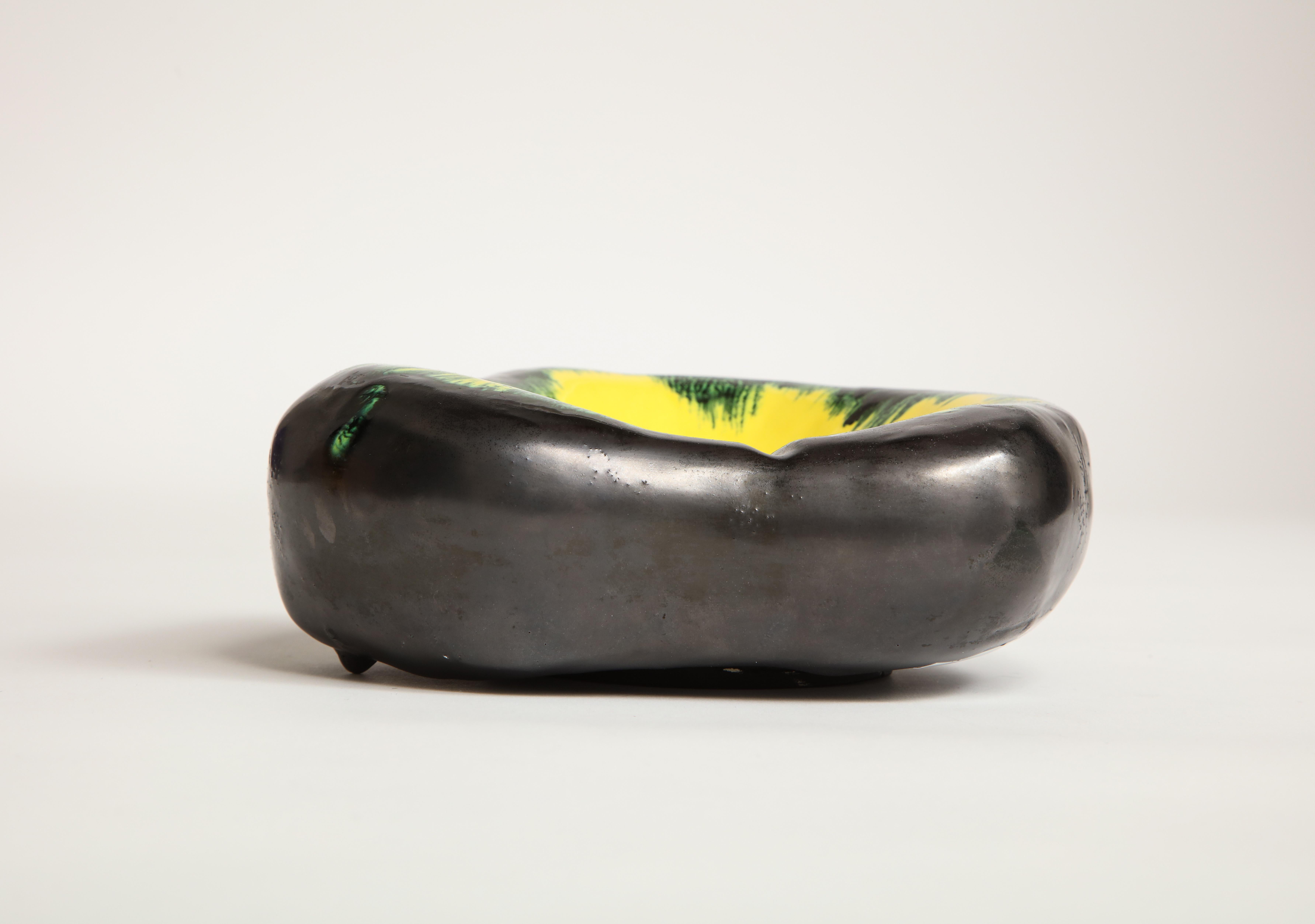 Mid-Century Modern Black, Yellow, Green Ceramic Dish in the style of Georges Jouve