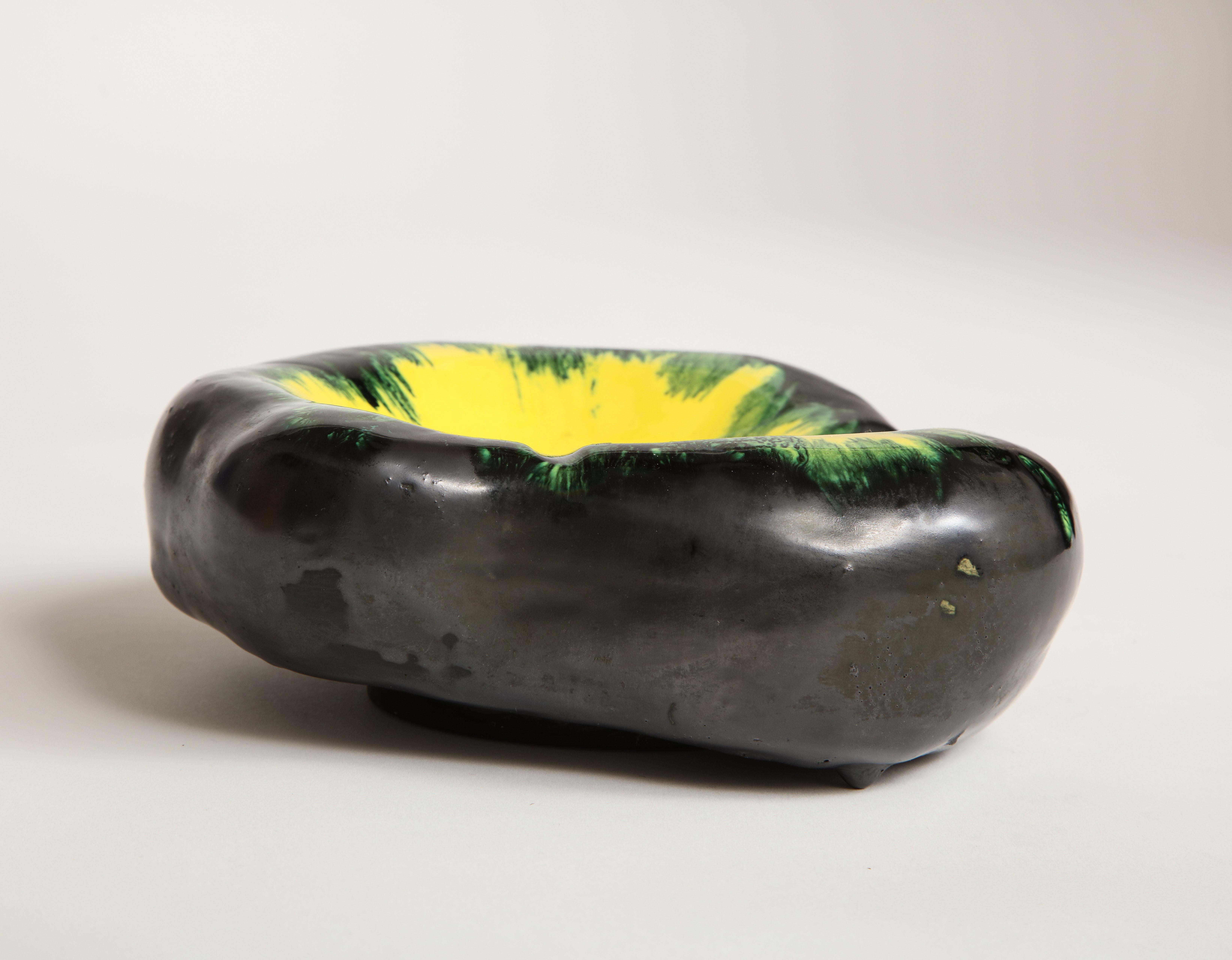 French Black, Yellow, Green Ceramic Dish in the style of Georges Jouve