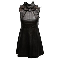 Schwarzes Yves Saint Laurent Leder-Minikleid mit Rüschenbesatz und Rüschenbesatz Größe FR 36