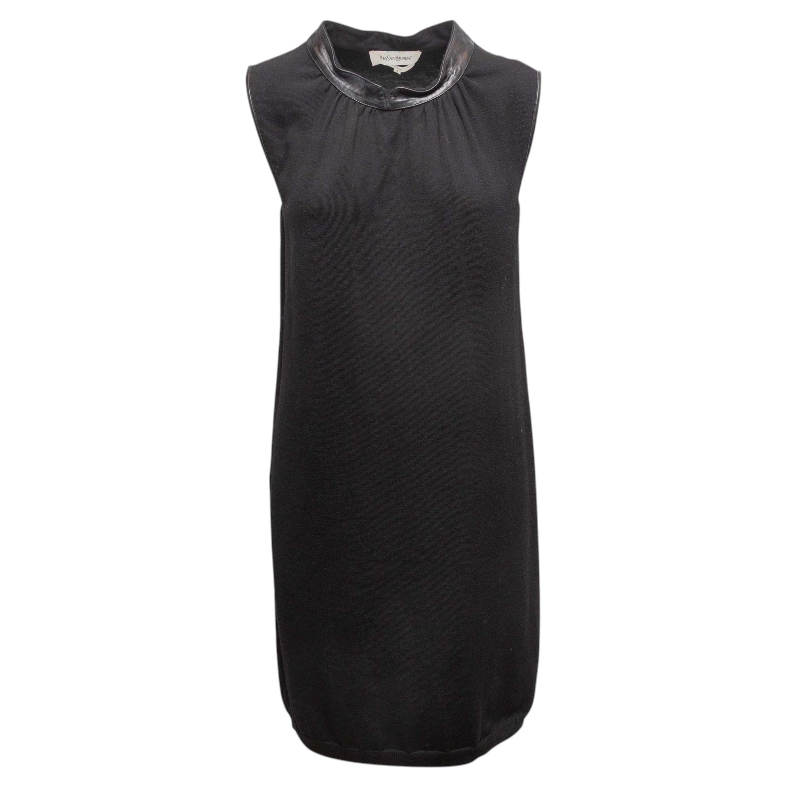 Schwarzes Yves Saint Laurent Kleid mit Lederbesatz aus Merinowolle