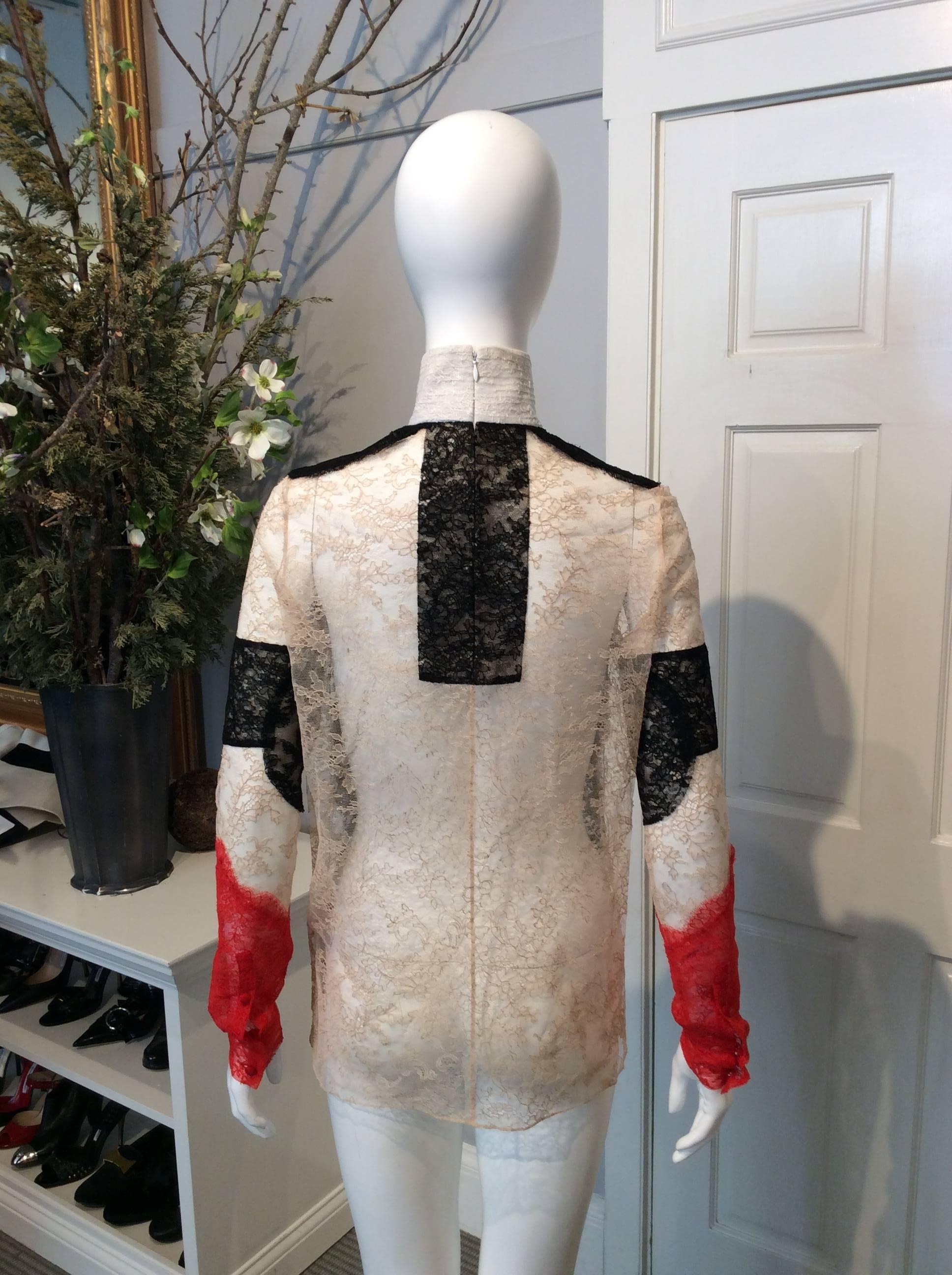 Black, Red, Ivory And Nude Lace High-Collared Givenchy Long-Sleeve Top Sz36(Us4) In Excellent Condition In San Francisco, CA