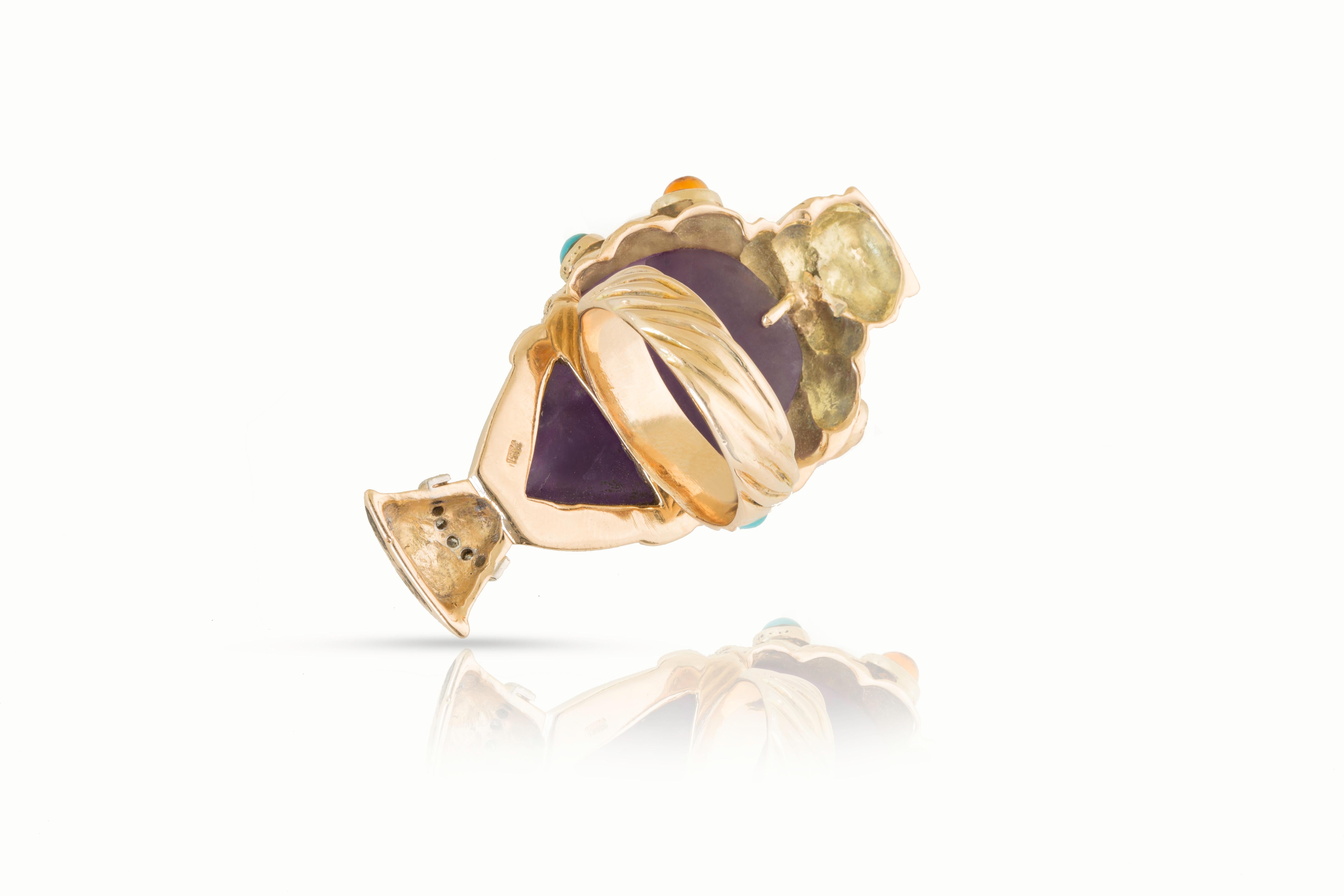 Blackamoor Gold Gemstone Ring With Amethyst, Opal And Diamonds In Fair Condition For Sale In Dubai, DU