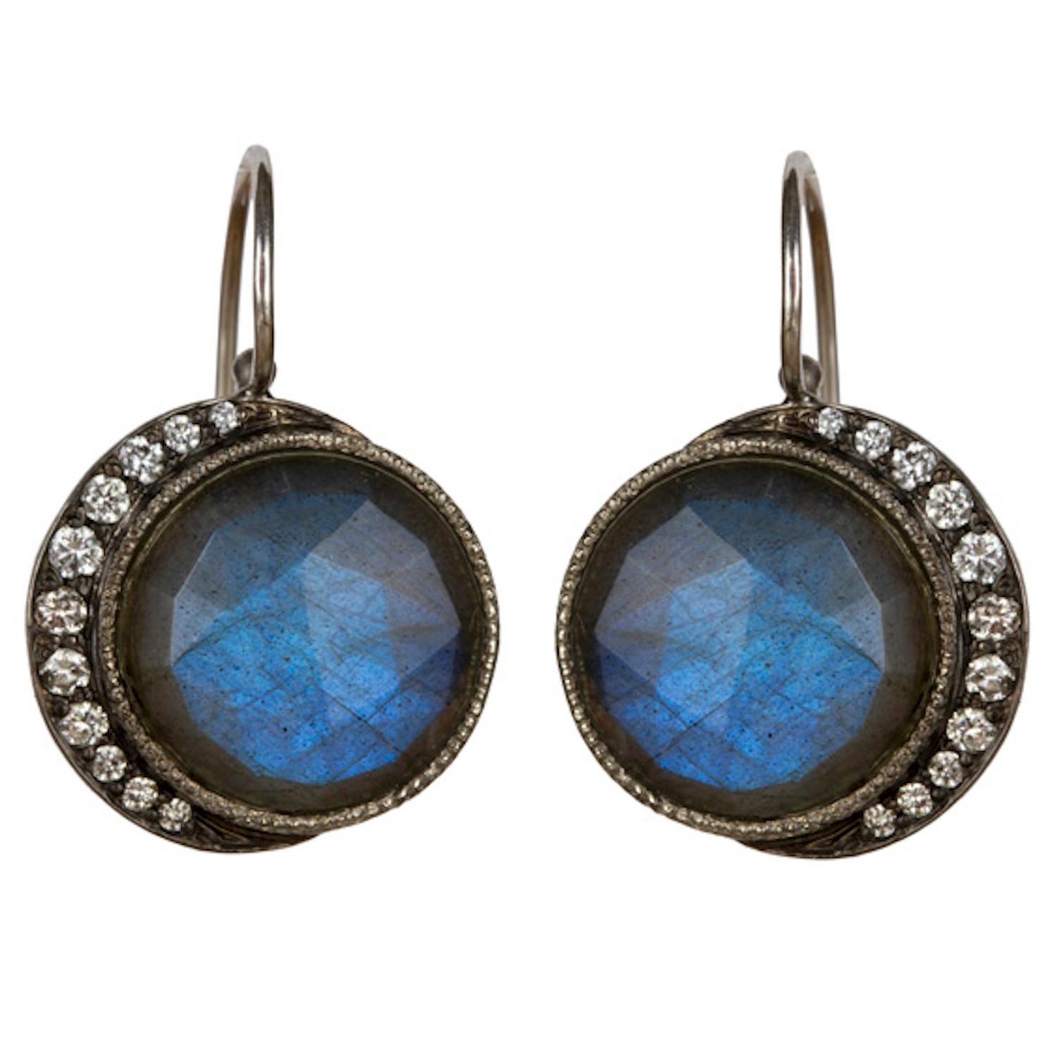 Blackbird and the Snow - Gold Diamond Labradorite Full Blue Moon Earrings  