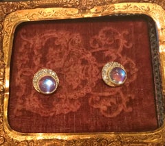 Gold Diamond Moonstone Full Moon Crescent Stud Earrings