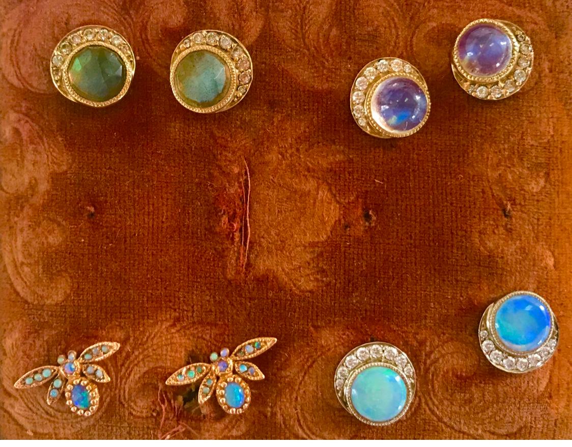 Artist Gold Diamond Moonstone Full Moon Crescent Stud Earrings For Sale