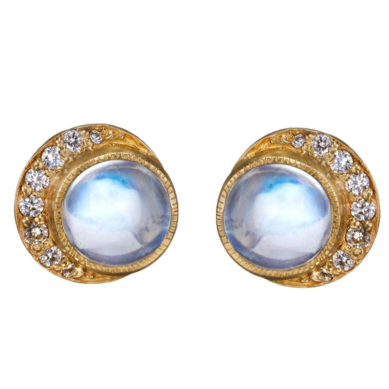Gold Diamond Moonstone Full Moon Crescent Stud Earrings For Sale