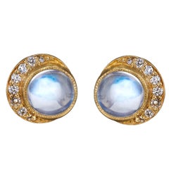 Gold Diamond Moonstone Full Moon Crescent Stud Earrings