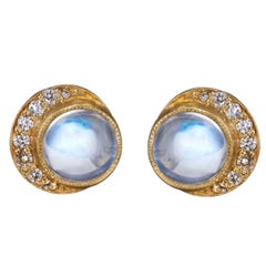 Blackbird and the Snow - Gold diamond moonstone full moon crescent stud earrings