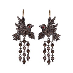 Blackbird and the Snow -Gold Silver Smoky Quartz Garnet Chandelier Bird Earrings