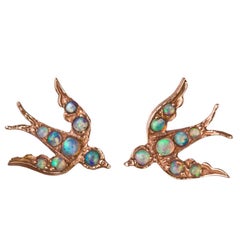 Blackbird and the Snow - Rose Gold Opal Bird Swallow Victorian Inspired Earrings