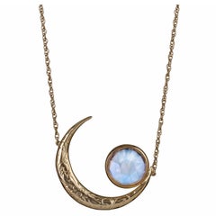 Blackbird and the Snow - Yellow Gold Moonstone Crescent Moon Engraved Necklace