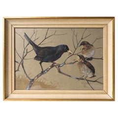 'Blackbird Feeding Young', Vintage Watercolour Painting By RALSTON GUDGEON RSW