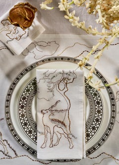 Blackbuck Dreams Hand Embroidered White & Gold Napkin, Viya by Vikram Goyal