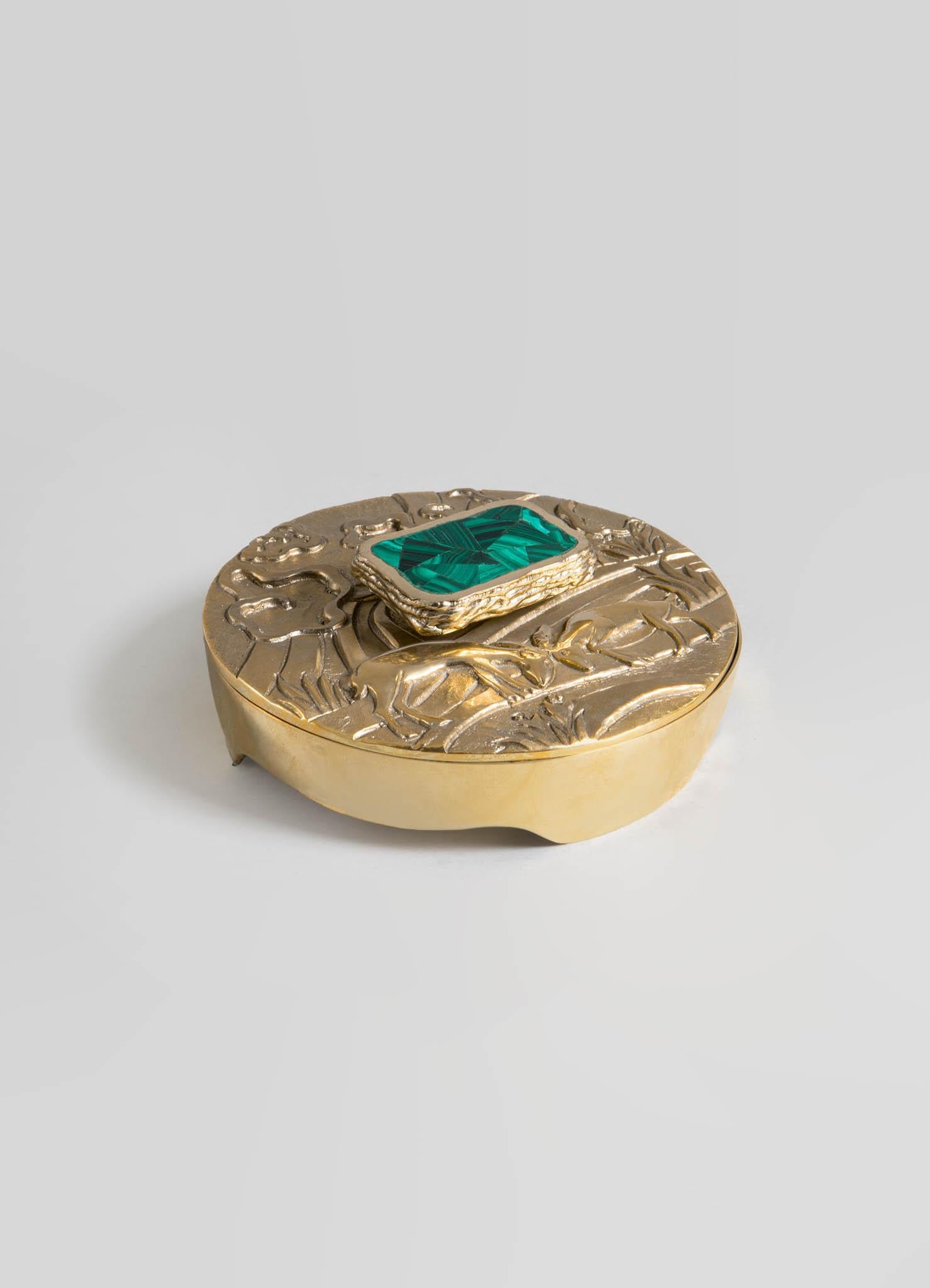 Blackbuck Round Trinket Box in Brass & Semi Precious Stone, Viya by Vikram Goyal

In 