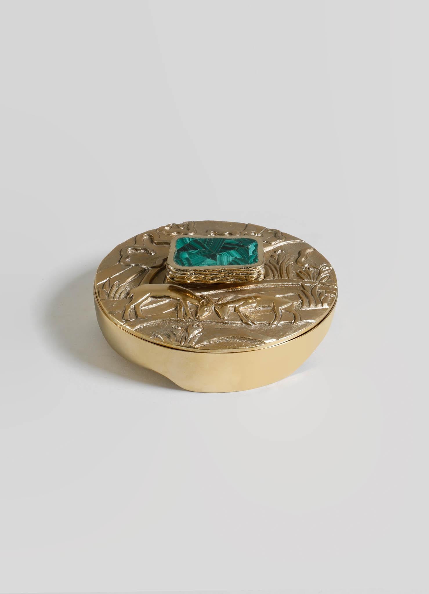 Indian Blackbuck Round Trinket Box in Brass & Semi Precious Stone, Viya by Vikram Goyal For Sale