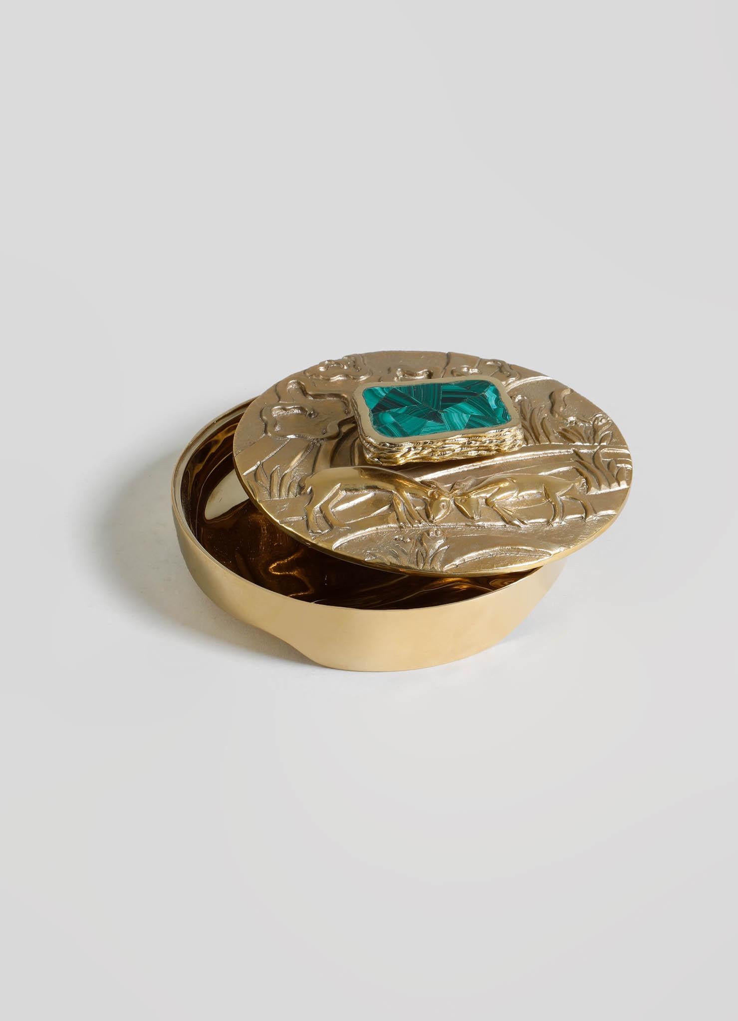 Blackbuck Round Trinket Box in Brass & Semi Precious Stone, Viya by Vikram Goyal In New Condition For Sale In Noida, DL