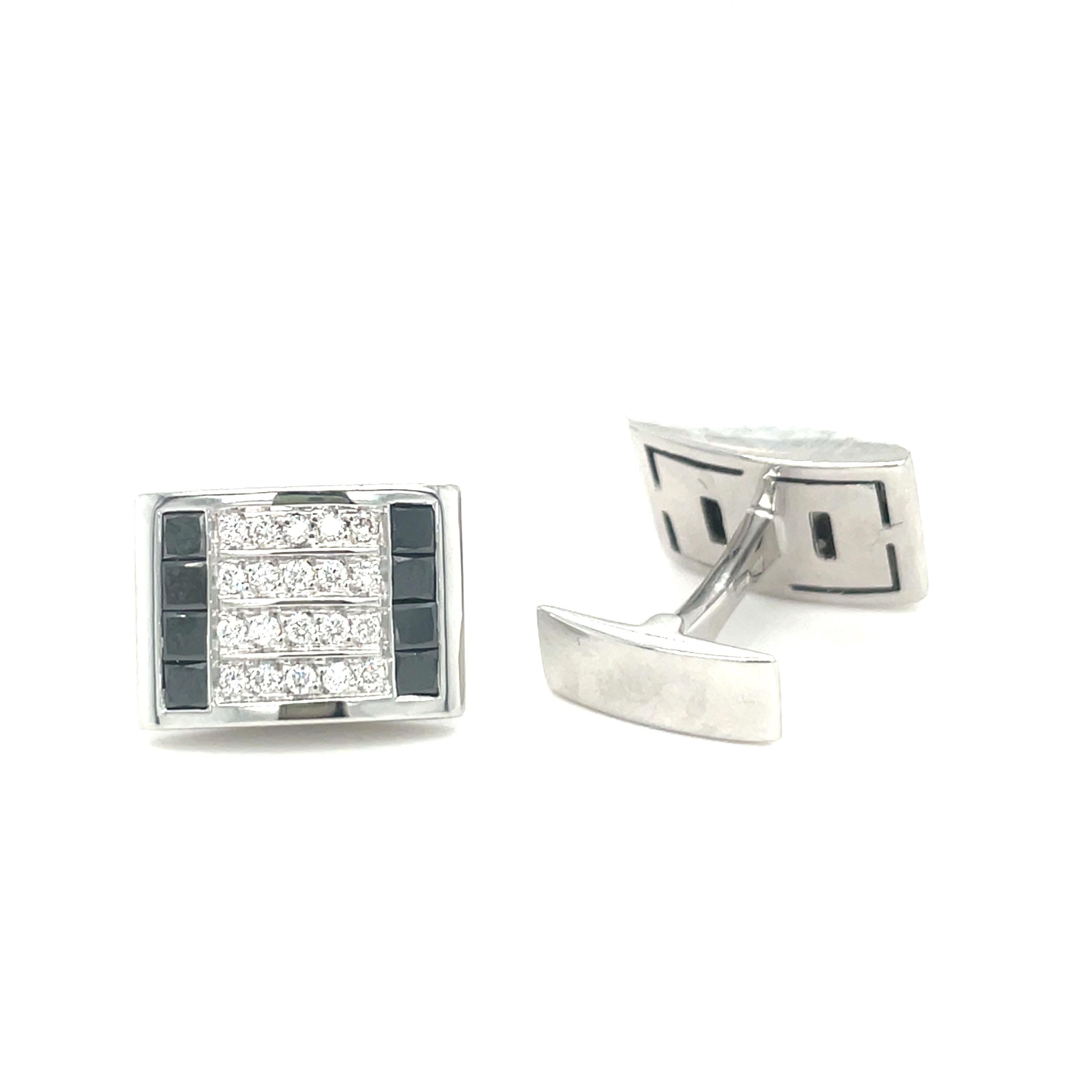 These 18K white gold cufflinks are from timeless Collection. These very elegant cufflinks are made with white  gold, black diamonds 2.16 ct and diamonds G colors VS2 clarity in total of 0.68 Ct. Total metal weight is 15.45 gr. These cufflinks are a