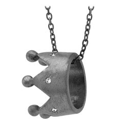 Blacken Silver Diamond Crown Charm Hanging on Silver Pendant Necklace Blacken