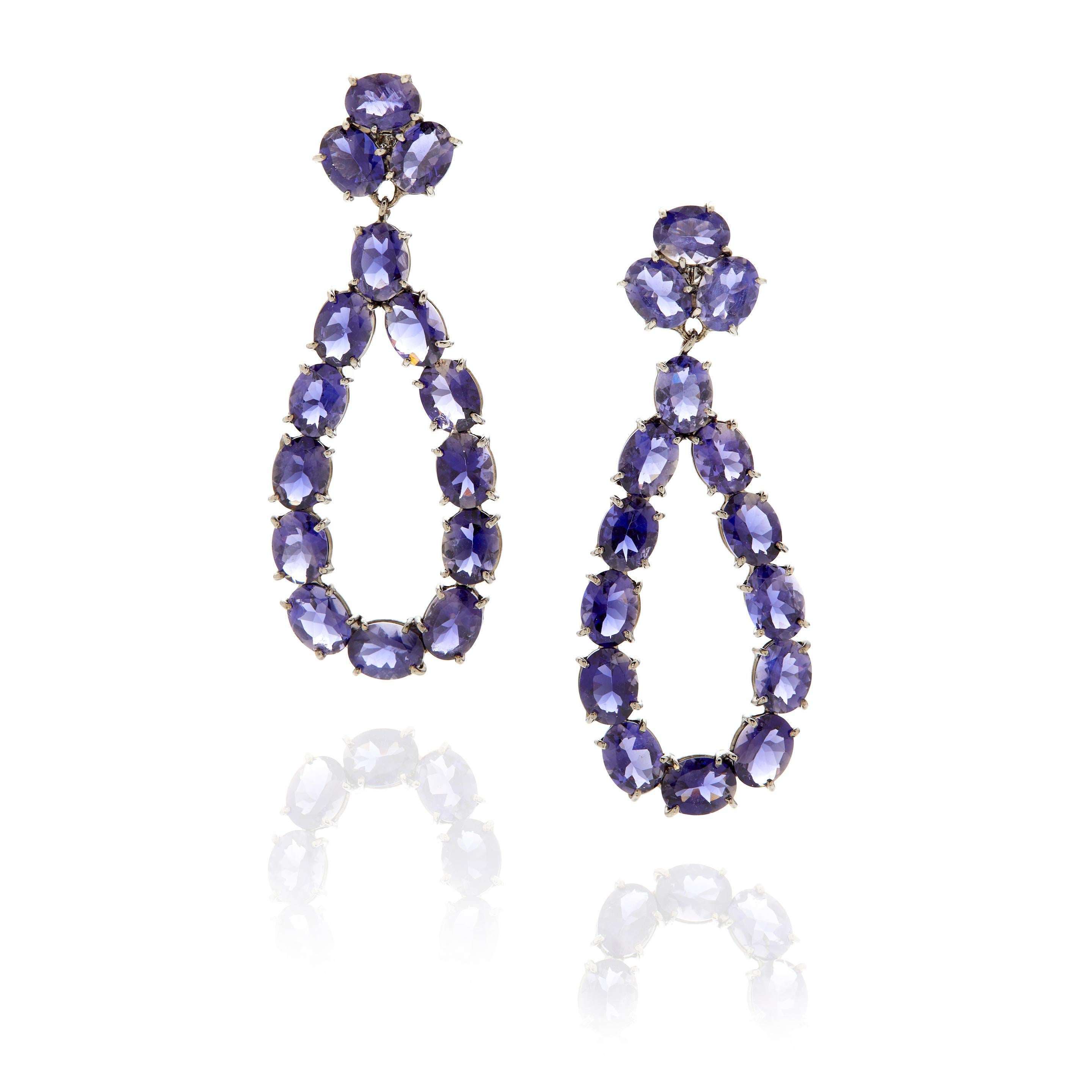 Modern Blackened 18k White Gold Teardrop Dangle Earrings with 36 Carat Oval Tanzanite For Sale