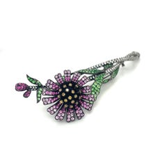 Blackened 18kt Gold Flower Brooch with Diamonds, Pink Sapphires and Tsavorite