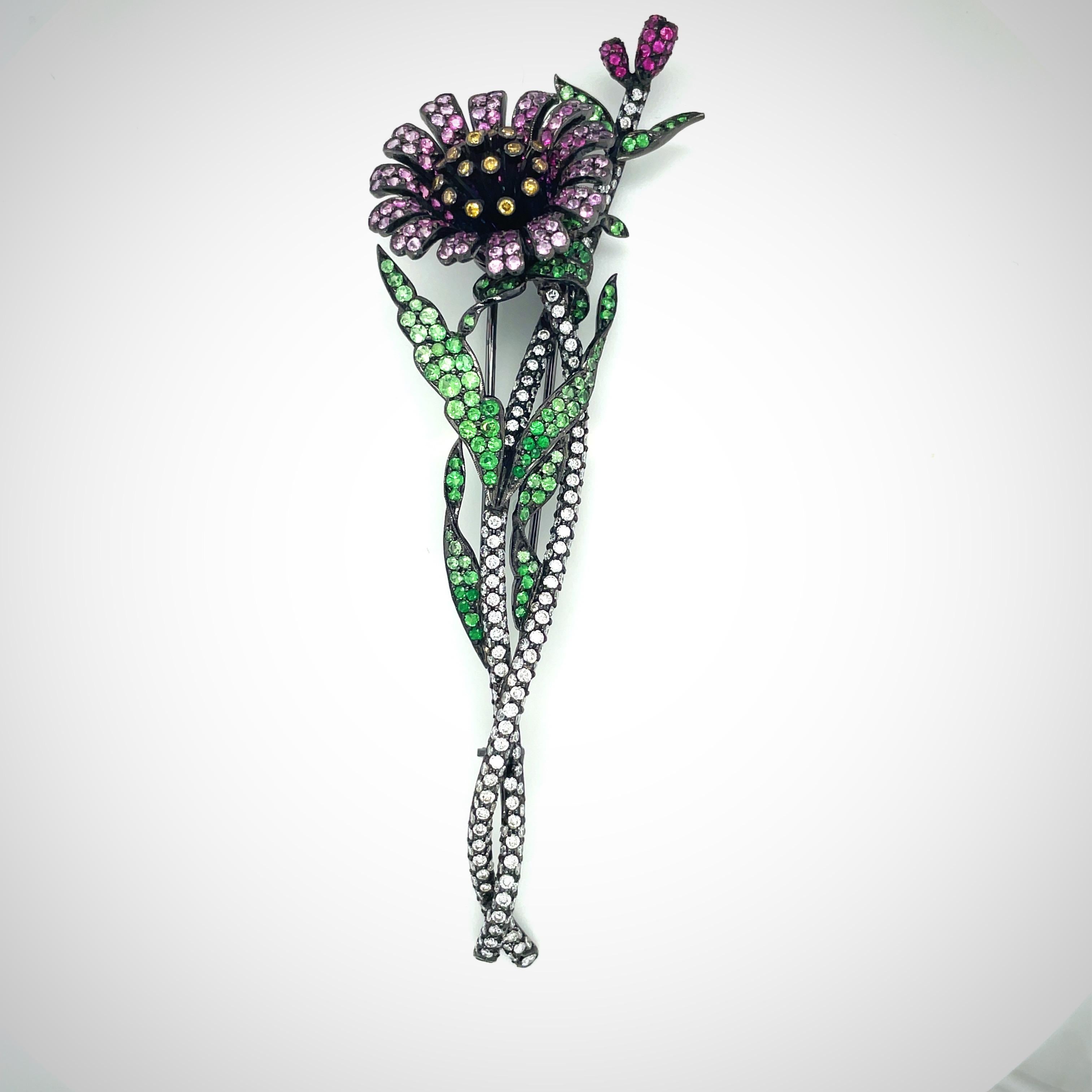 Blackened 18kt Gold Flower Brooch with Diamonds, Pink Sapphires and Tsavorite In New Condition For Sale In New York, NY