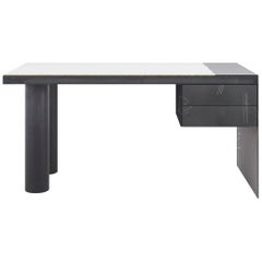 Blackened, Bespoke and Etched Dining "Steel Desk" with Viroc Top and Drawers