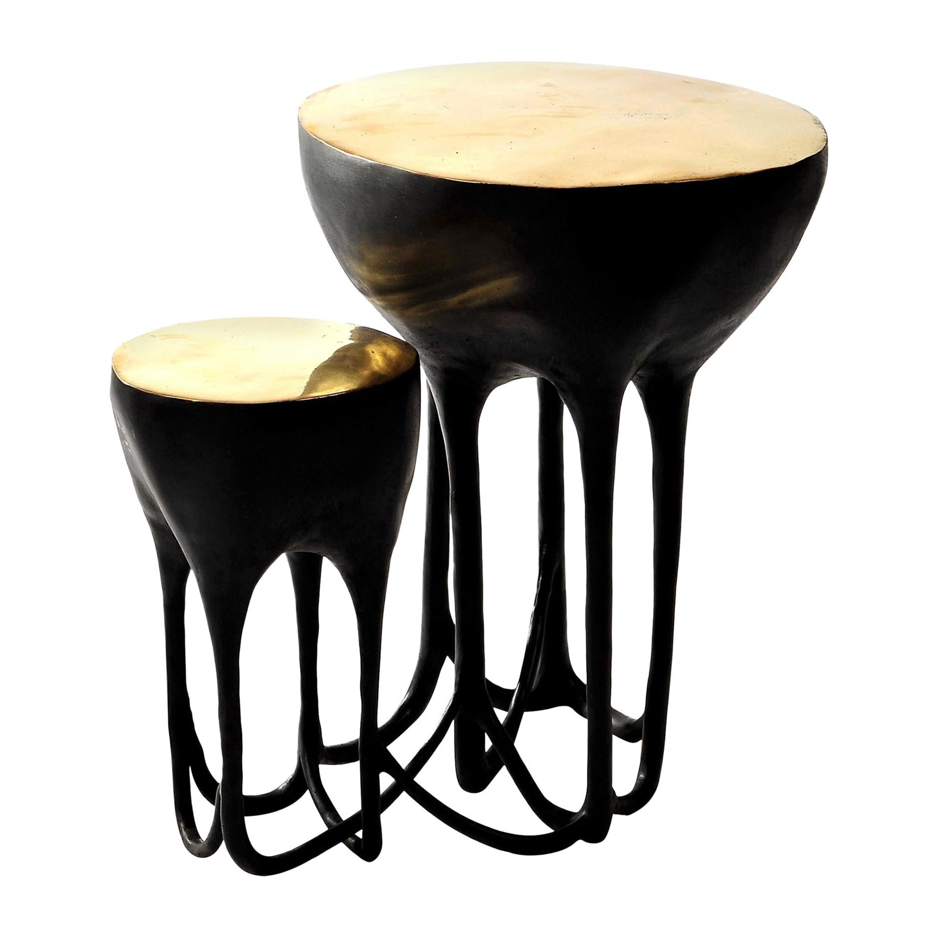 Blackened Brass Hand-Sculpted Side Table with Polish Brass Tops by Misaya