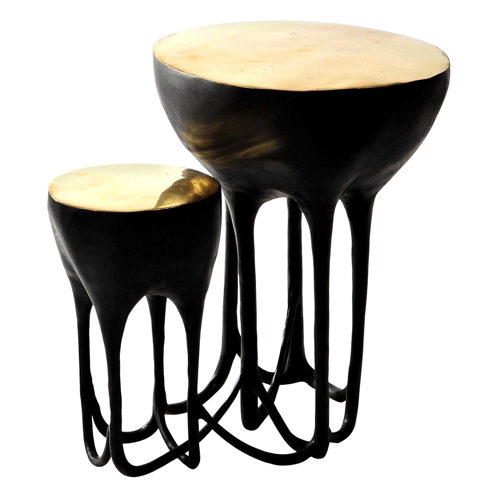 Blackened Brass Hand-Sculpted Side Table with Polish Brass Tops by Misaya