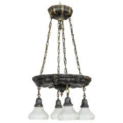 Blackened Brass Sheffield Style Pan Chandelier, Grapevine Motif & Glass Shades