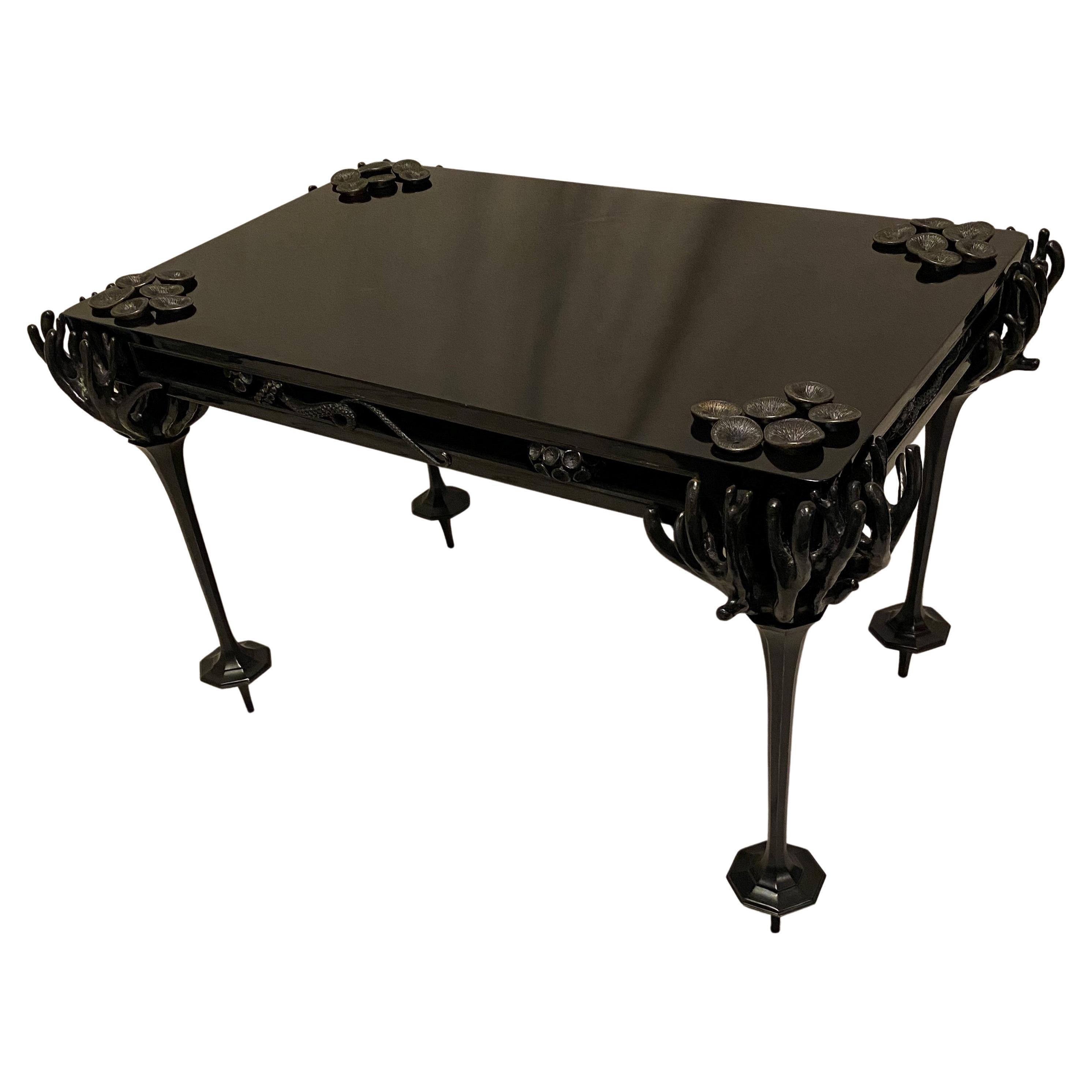 Blackened Bronze & Blue/Black Lacquered "Behepoda" Art Piece Cocktail Table For Sale