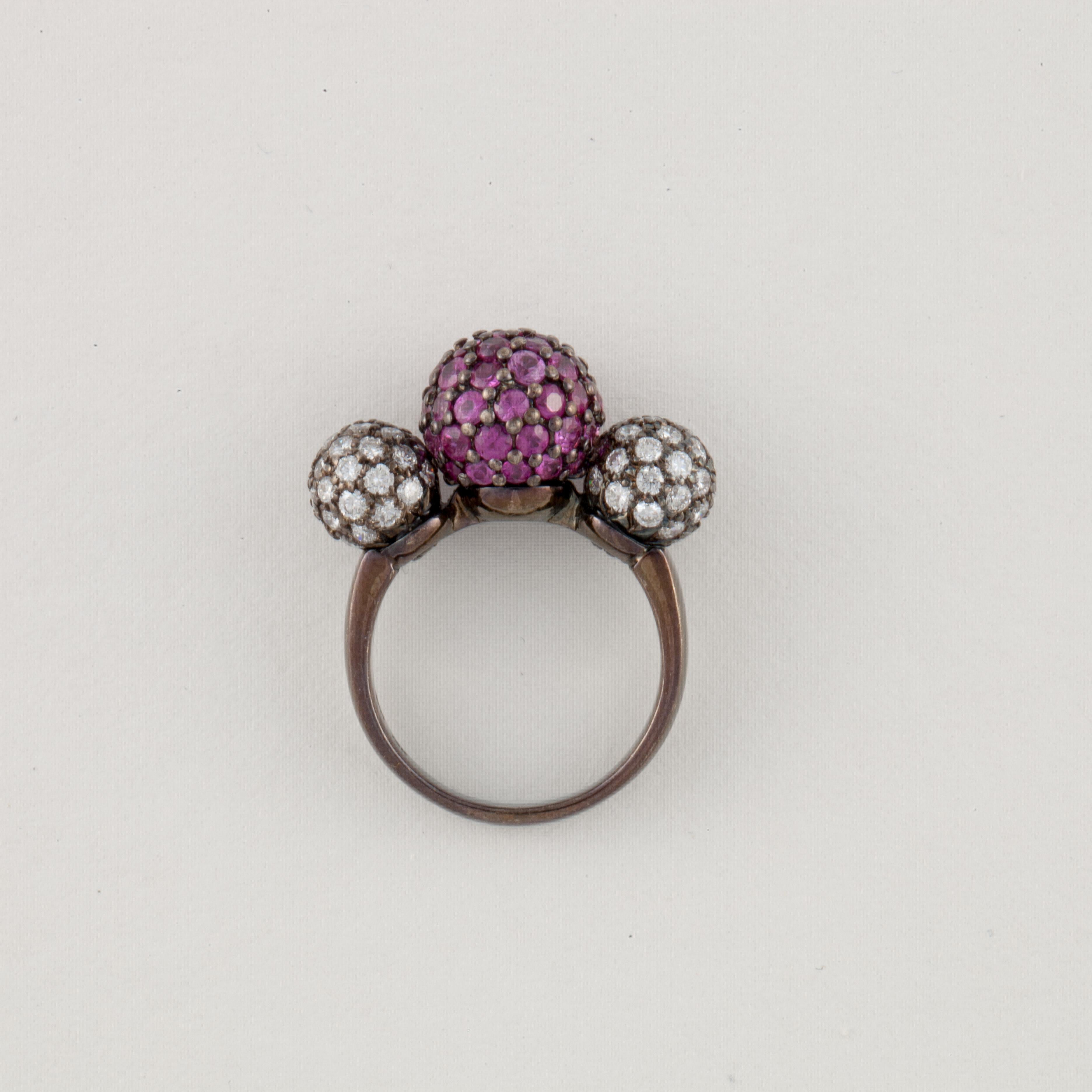 Round Cut Pavé Ruby and Diamond Ball Ring