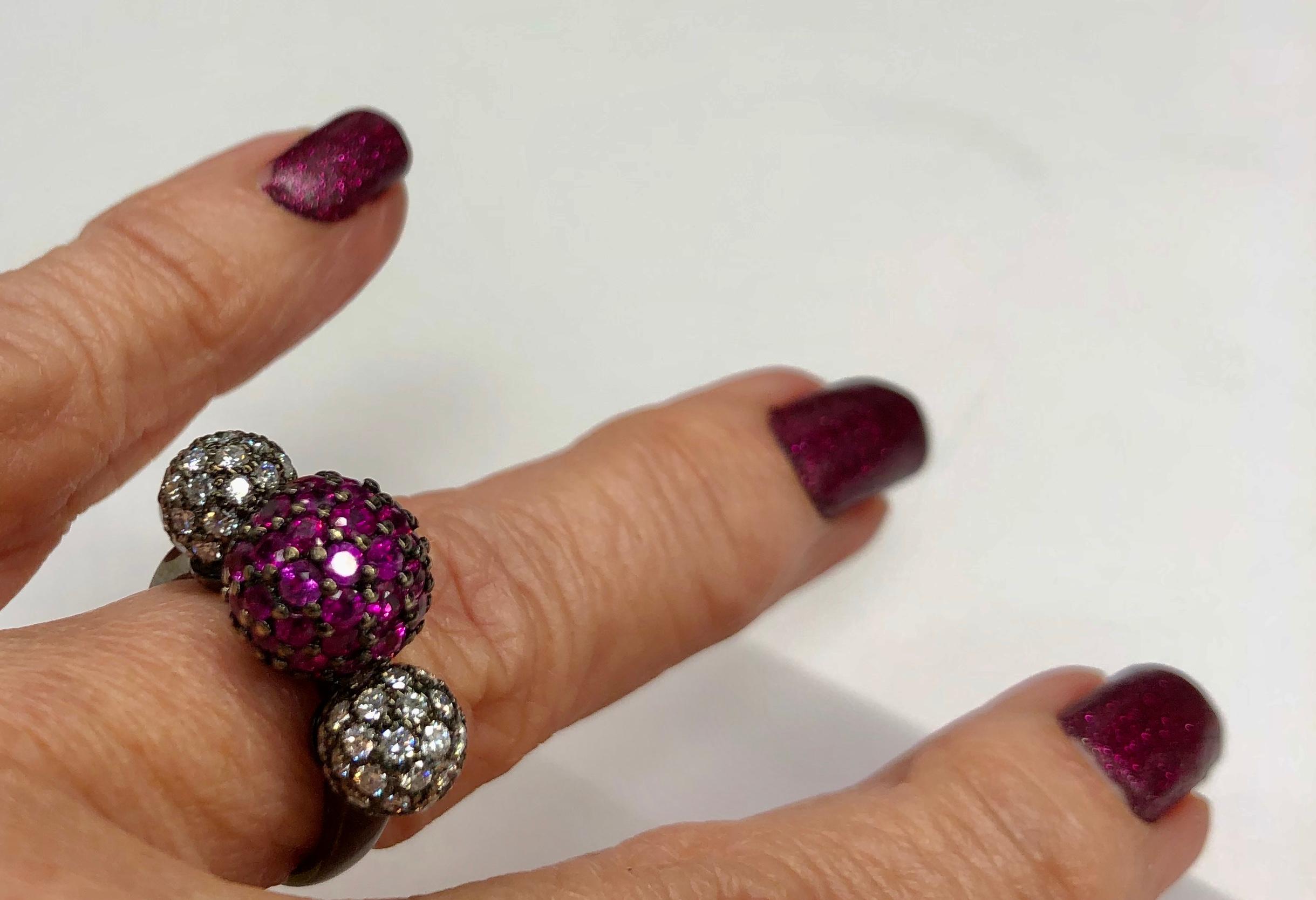 Pavé Ruby and Diamond Ball Ring In Good Condition In Houston, TX