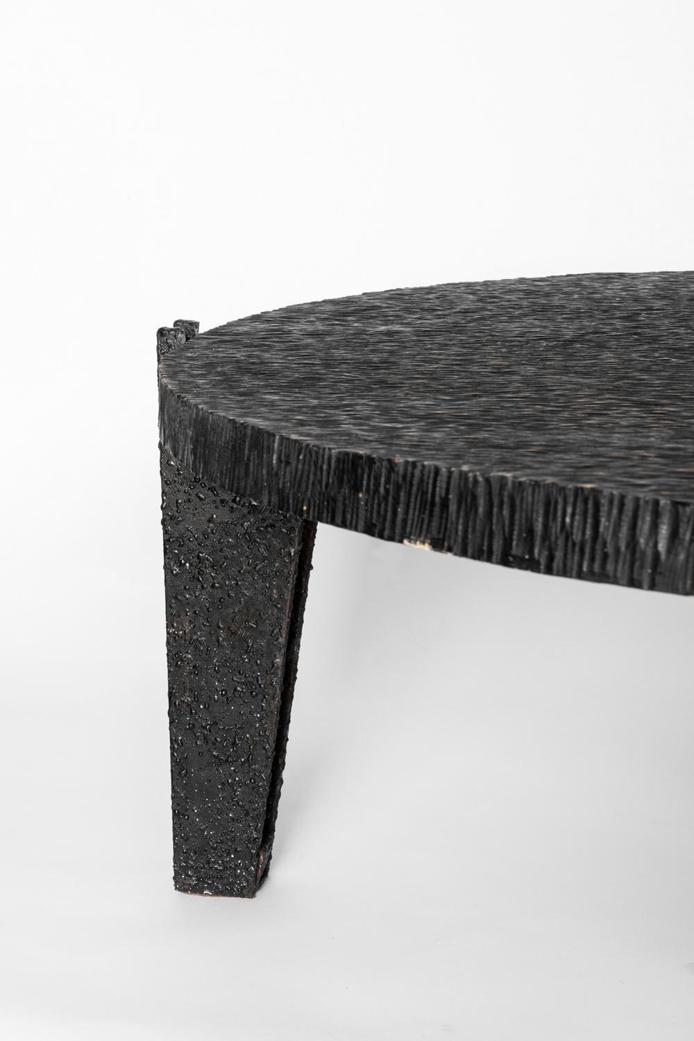 French Blackened Gouged Wood Coffee Table, Contemporary Work