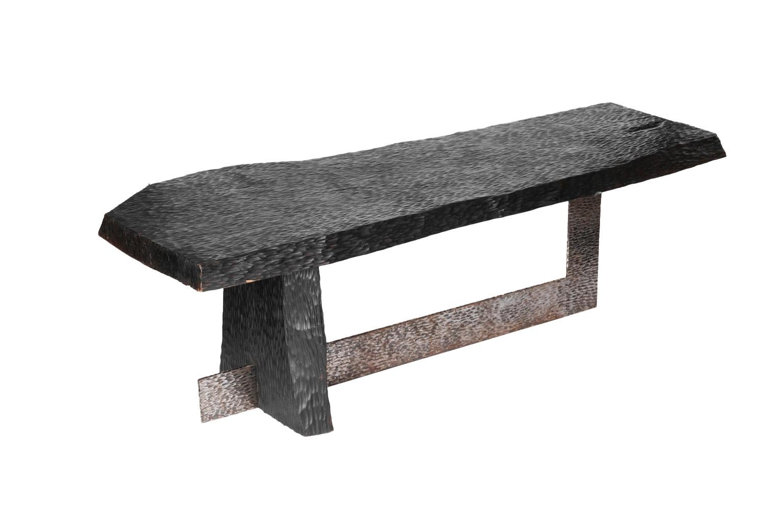 French Blackened Gouged Wood Coffee Table, Contemporary Work For Sale