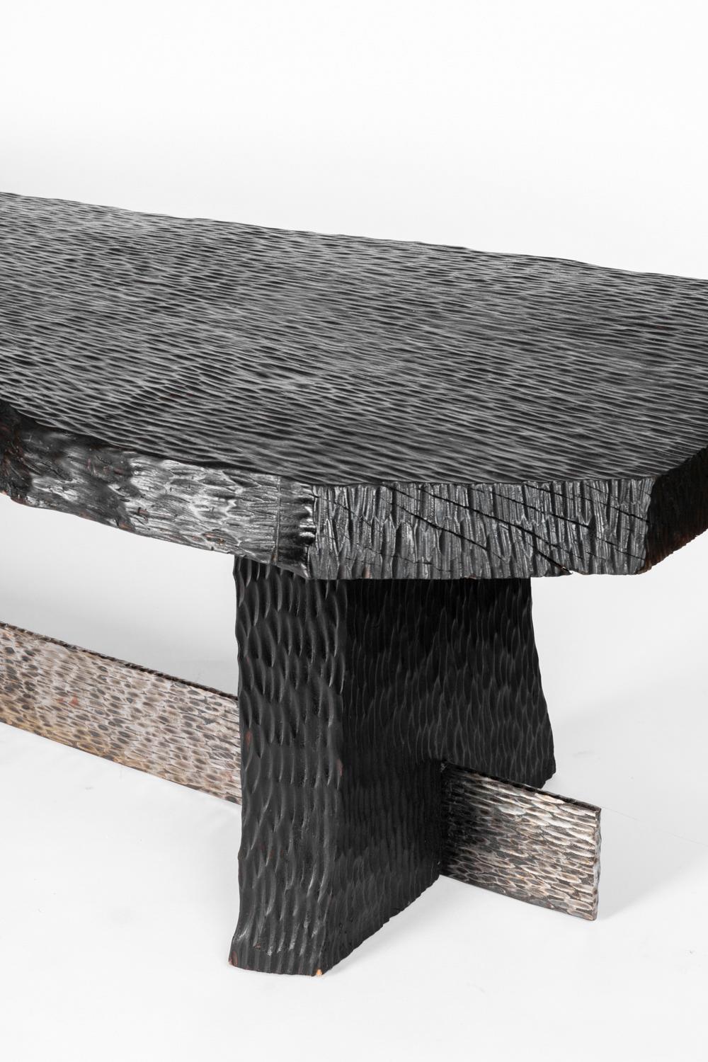 Blackened Gouged Wood Coffee Table, Contemporary Work In Good Condition For Sale In Saint-Ouen, FR