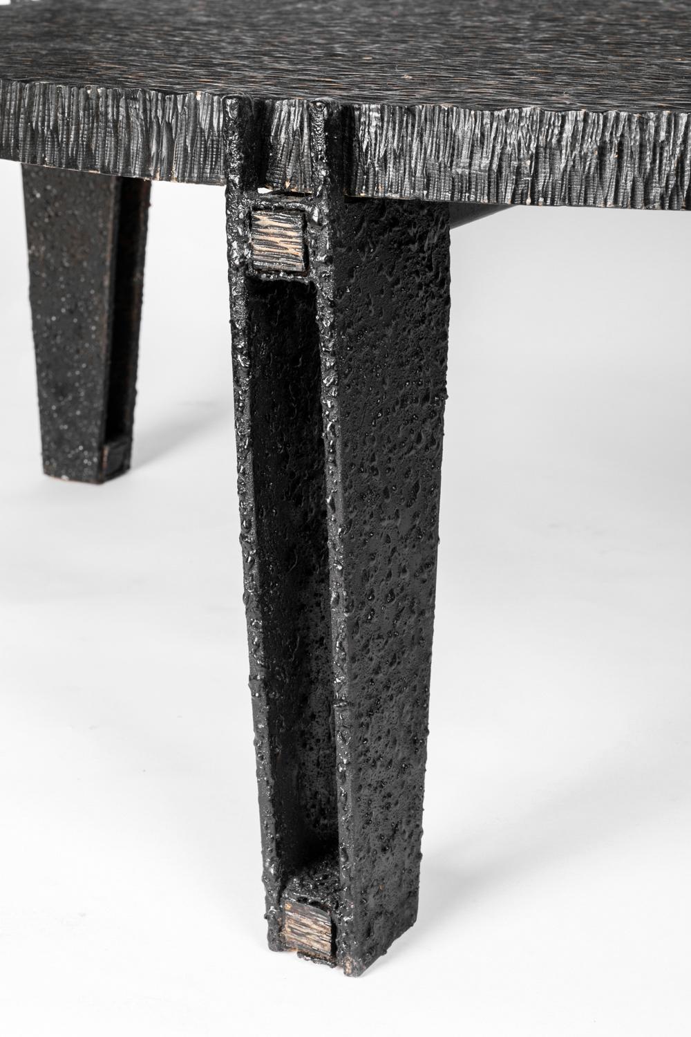 Metal Blackened Gouged Wood Coffee Table, Contemporary Work