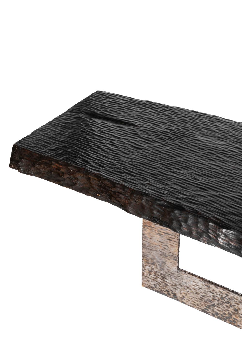 Metal Blackened Gouged Wood Coffee Table, Contemporary Work For Sale