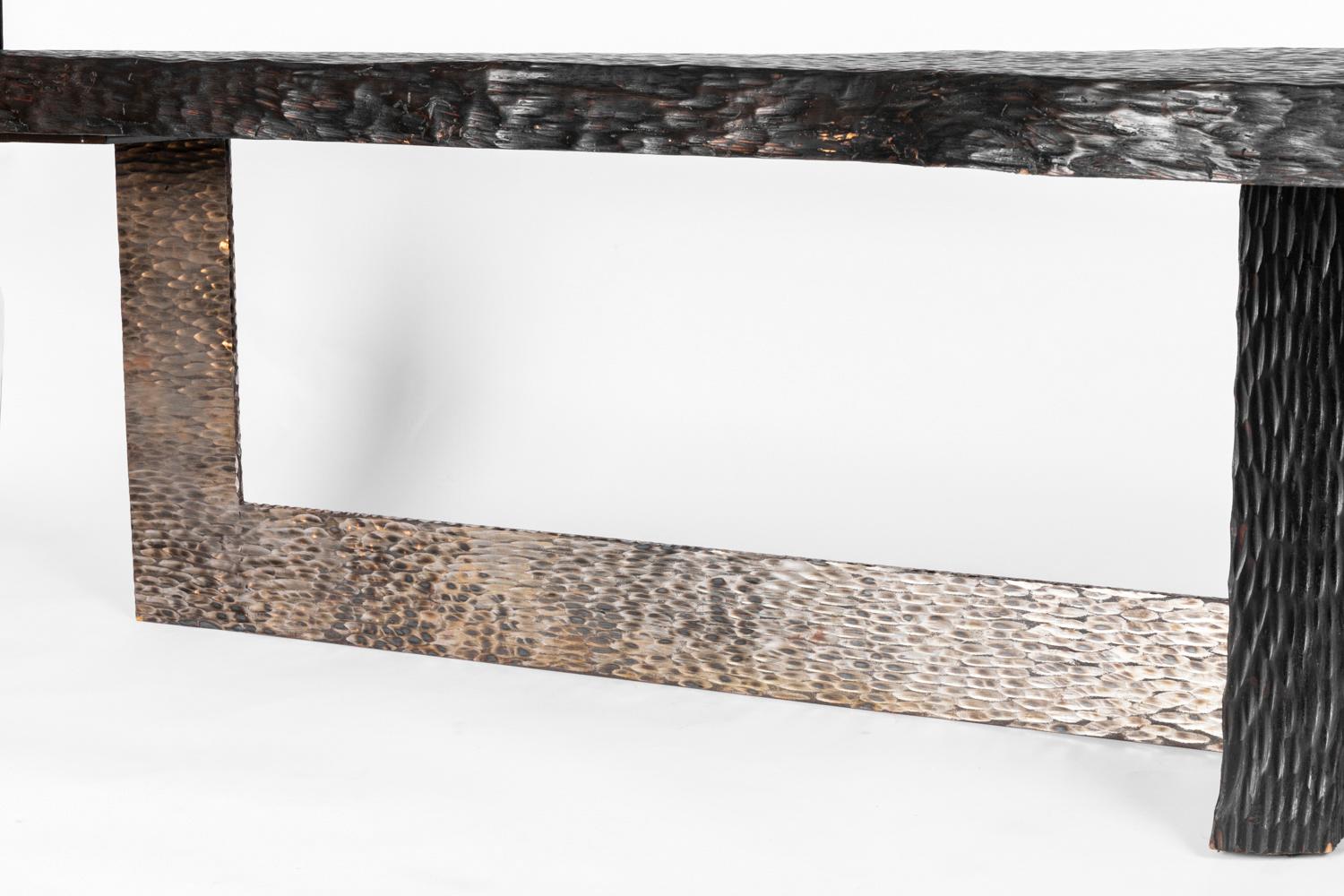 Blackened Gouged Wood Coffee Table, Contemporary Work For Sale 1