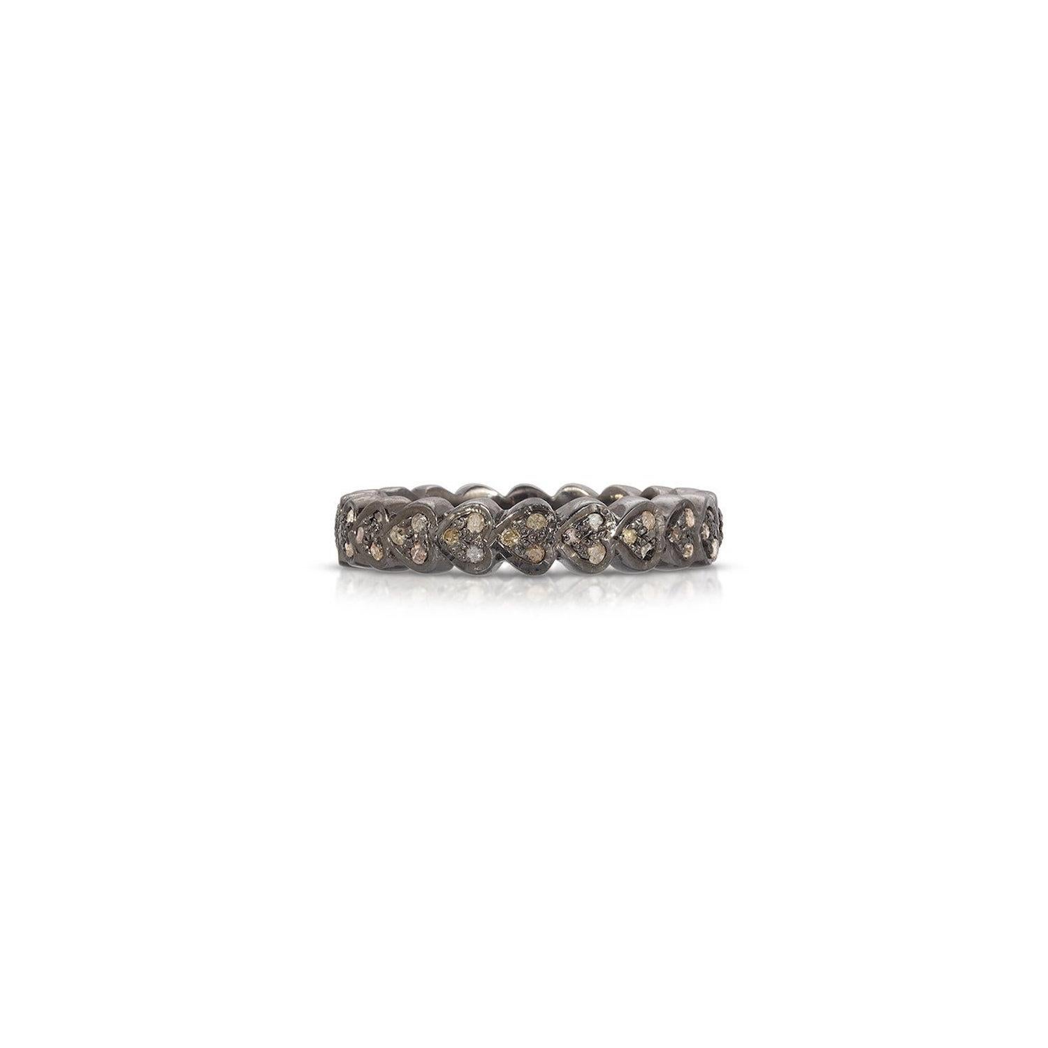 A beautiful fully set band ring of Blackened Oxidized Silver in a contemporary design. This band features .80 Carats of sparkling White Pavé Diamond set bauble hearts, fully set in a stylish blackened silver band.