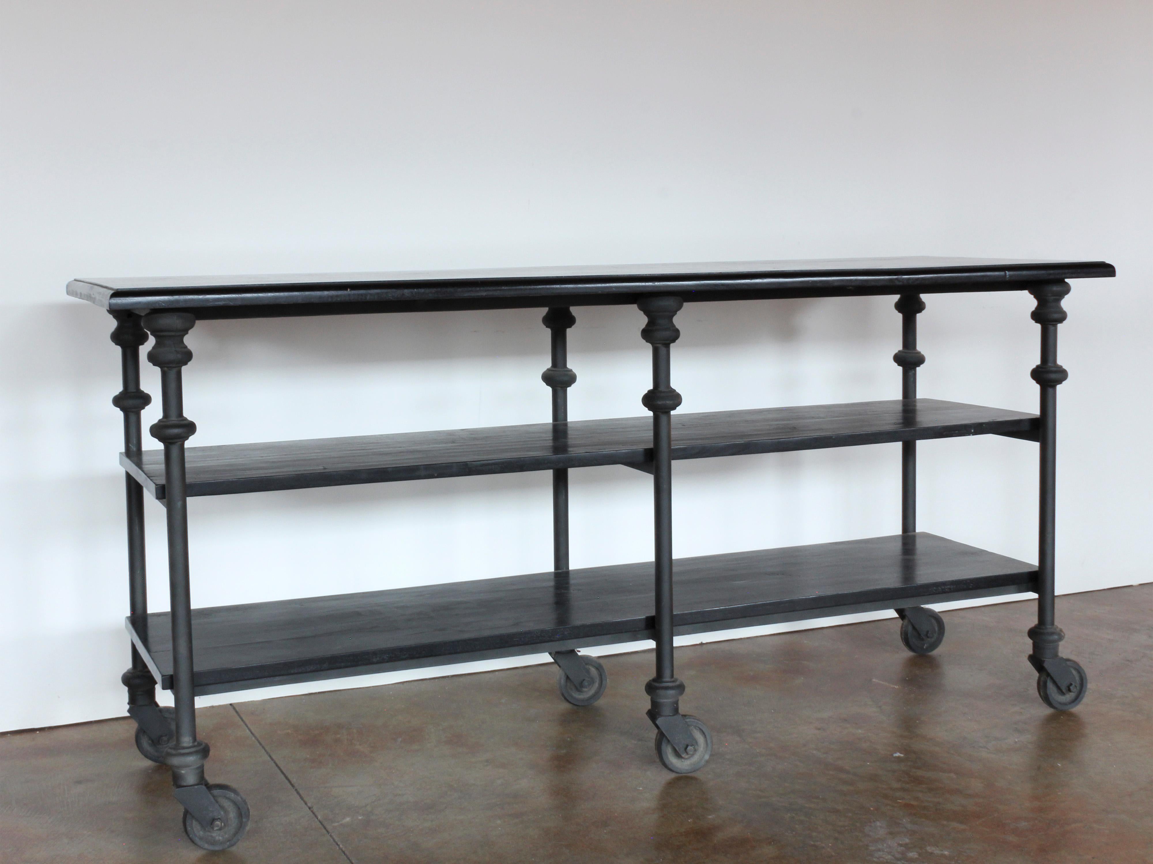 Blackened Iron and Wood Shelving Island on Casters In Good Condition In Chicago, IL