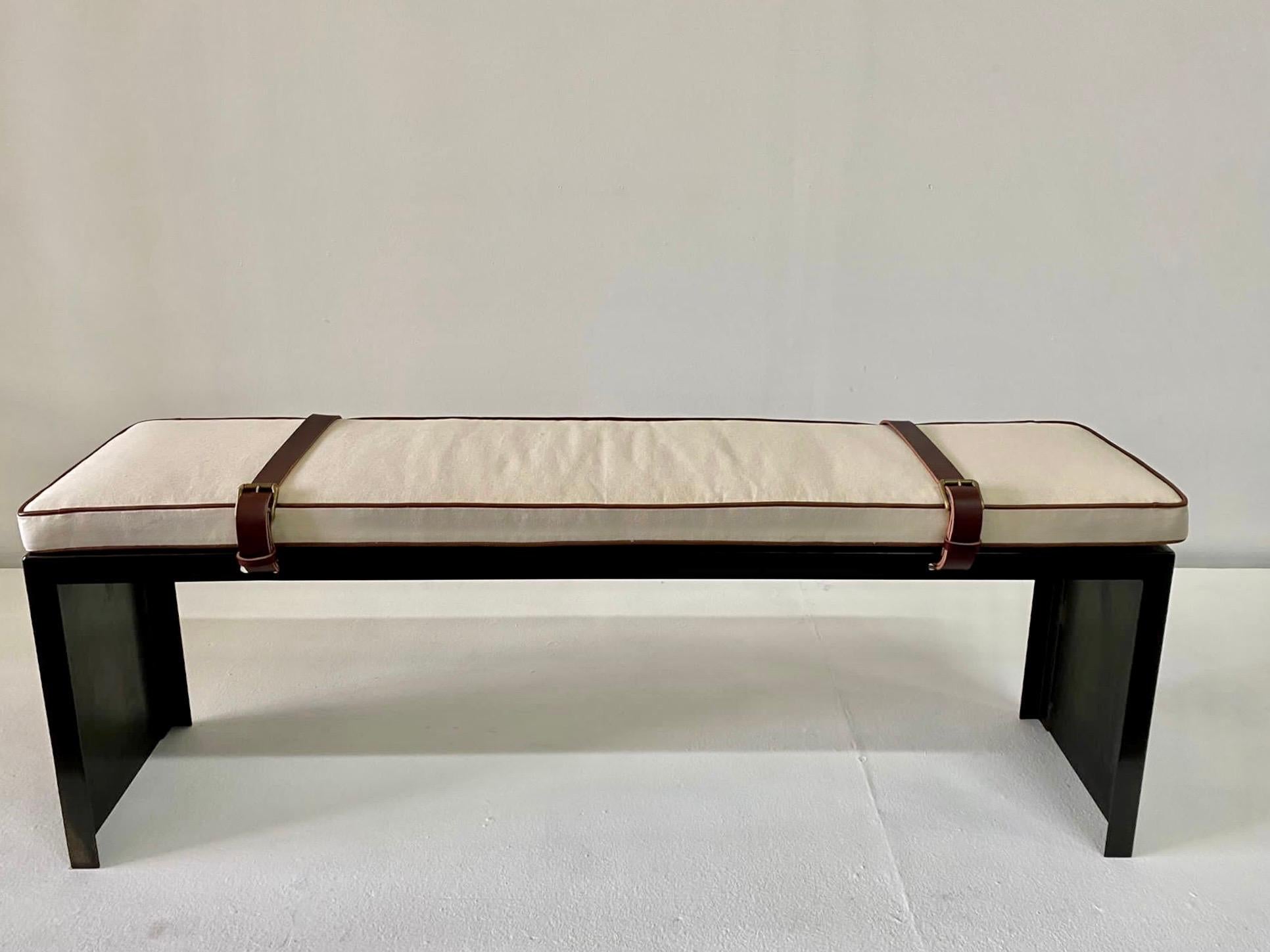 Contemporary Blackened Iron Belt Strap and Canvas Bench For Sale