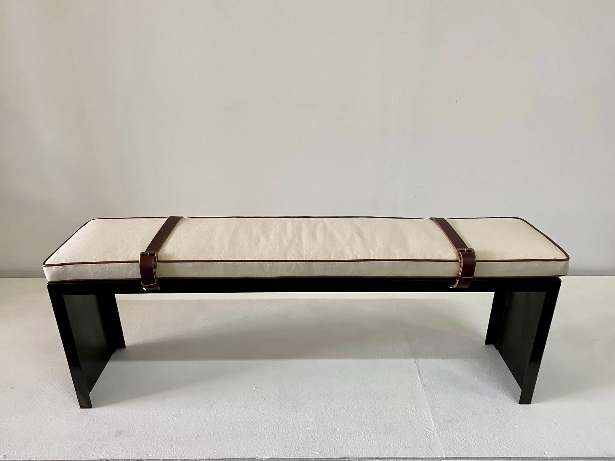 Blackened Iron Belt Strap and Canvas Bench For Sale 2