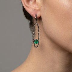 Blackened Oval Drop 18K White Gold Green Emerald Earrings