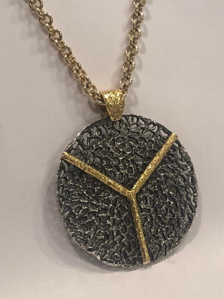 Blackened Silver & 22k Gold Pendant Necklace In New Condition In New York, NY